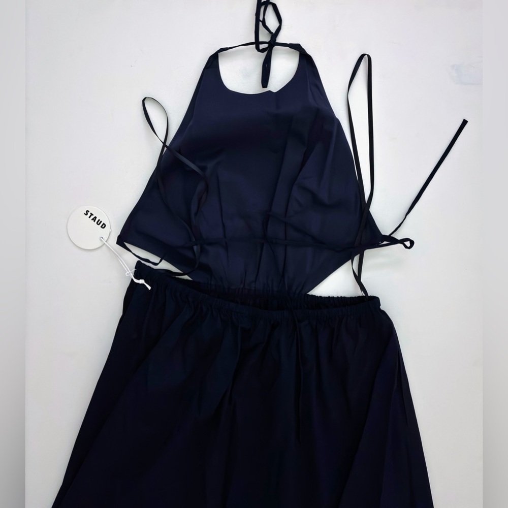 STAUD Vanessa halterneck cotton blend poplin dress pocket tie back midi navy xl - Picture 10 of 14